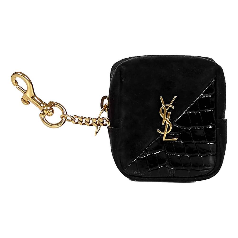 NEW SAINT LAURENT women's jamie ysl cube crocodile print leather key ring in bla